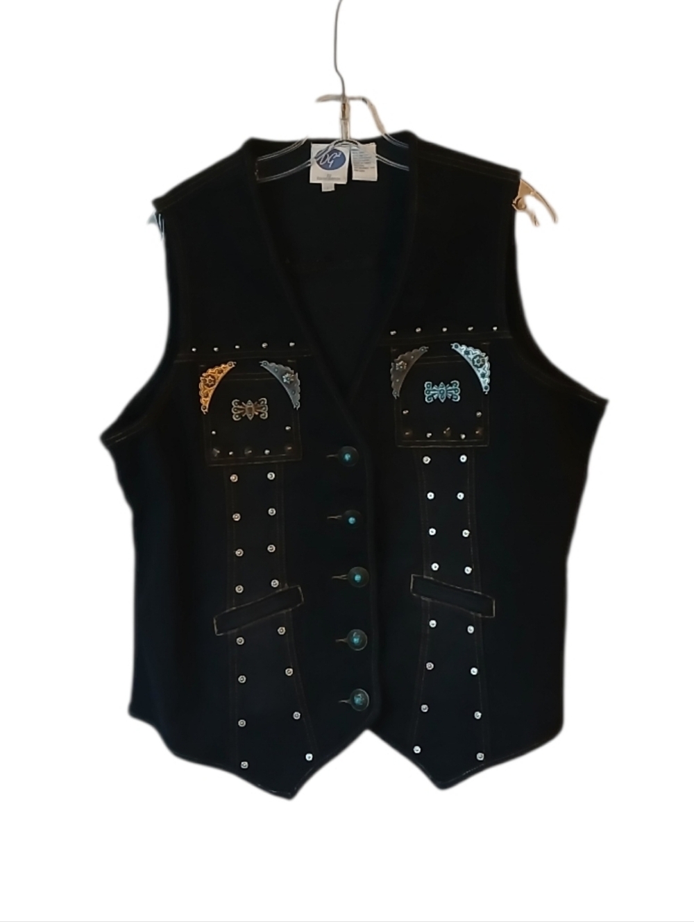 Diane Gilman Black Studded Denim Vest with Turquoise Accents Size Large